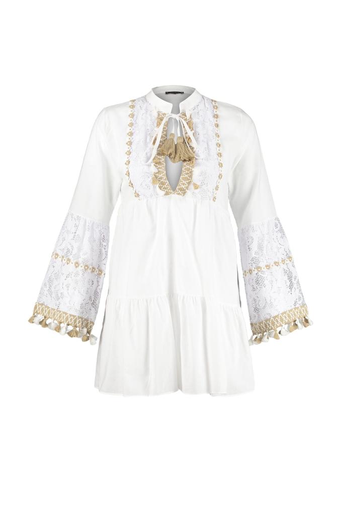 Women's Fashion New Dress White Mini Woven Embroidered 100% Cotton Beach Dress