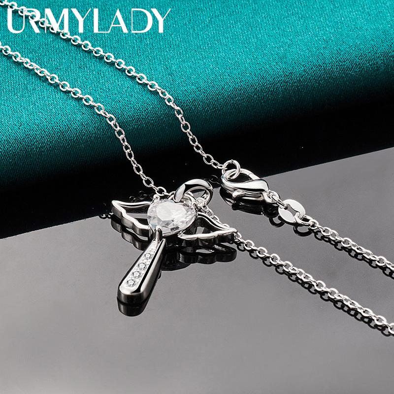 URMYLADY 925 Sterling Silver Cross Angel AAAAA Zircon Pendant Necklace For Women Wedding Engagement Fashion Jewelry