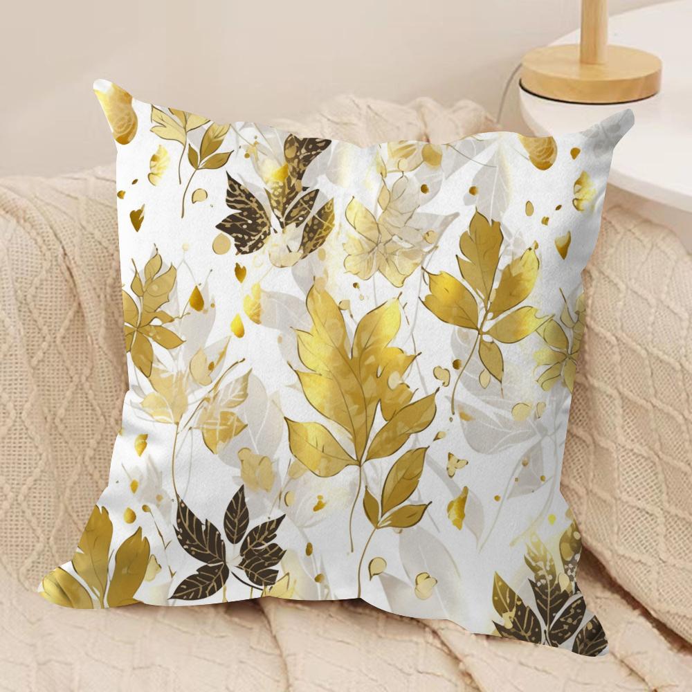 Gold Leaf Flower Cushion Cover Soft Plush Fabric DoubleSided Printed Cushion Covers for All Seasons Modern Home Decor