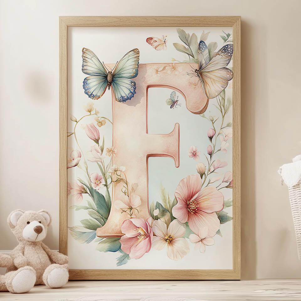 Letter "F" In Bloom - Decorative Poster Letter "F" In Bloom - Decorative Poster, 30X40 Cm, Dark Brown Wooden Frame, 230 Gsm Matte Paper