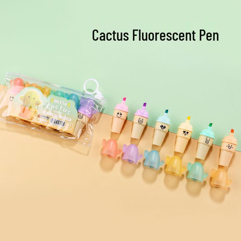 Set of 6 Mini Fluorescent Pens - Cute Cartoon Design, Perfect for Elementary Students. Small, Portable, and Colorful Highlight Markers.