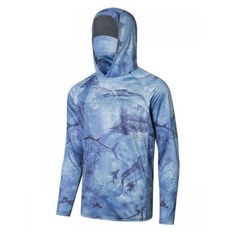 Mens UPF 50 Long Sleeve Fishing Shirt With Hood Face Cover Quick Dry Breathable Sun Protection Outdoor Angling