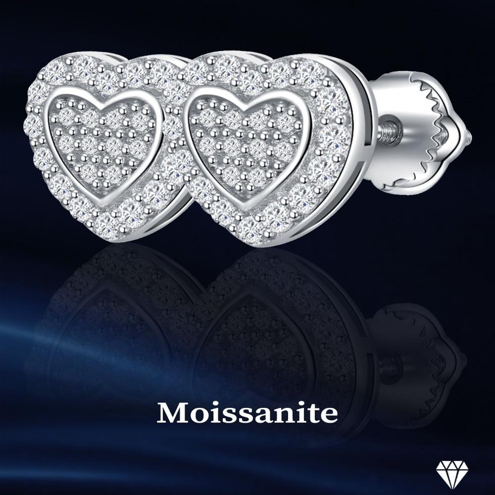 Сердце Настоящий Муассанит Женские Серьги-пусеты 14K Покрытие белым золотом