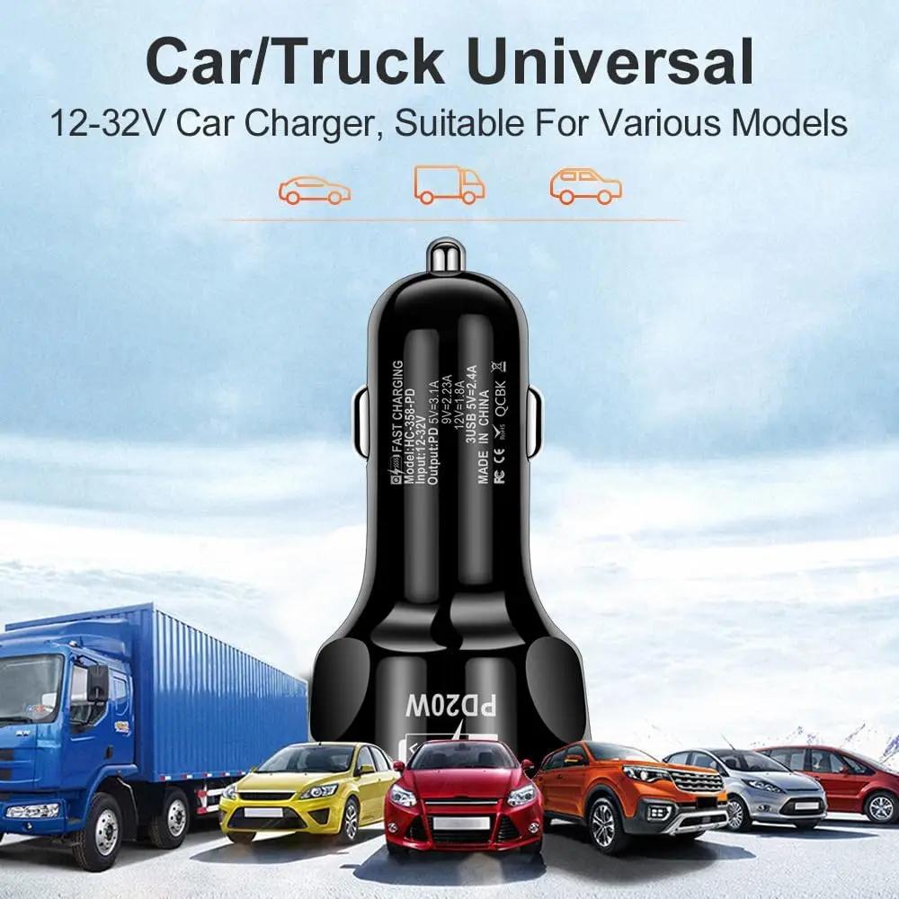 Автомобильное зарядное устройство от одного до четырех, прикуриватель, сверхбыстрая зарядка, три интерфейса USB+PD, головка автомобильного зарядного устройства с быстрой зарядкой