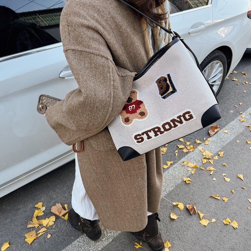 Винтажная сумка-тоут с рисунком медведя, большая вместимость, женская сумка через плечо, модная универсальная школьная сумка для девочек-подростков