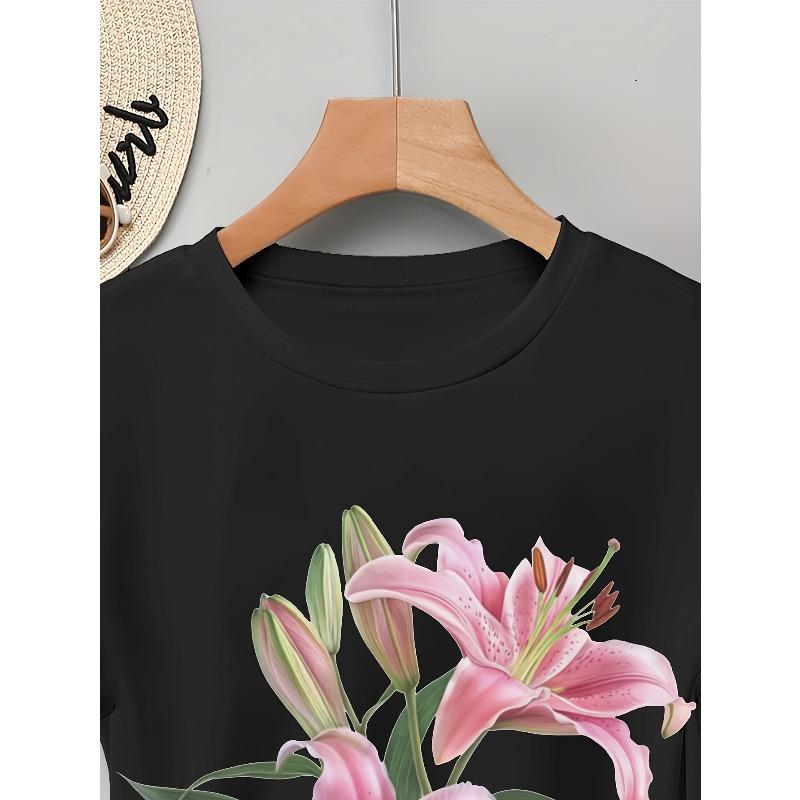 Европейские размеры Женская футболка с элегантным цветочным принтом - Черная повседневная футболка с коротким рукавом с розовыми лилиями и зелеными листьями