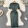 Summer Short Sleeve Striped Knitted Sweater Dress Women Fashion Casual Slim Bodycon Sheath Dresses