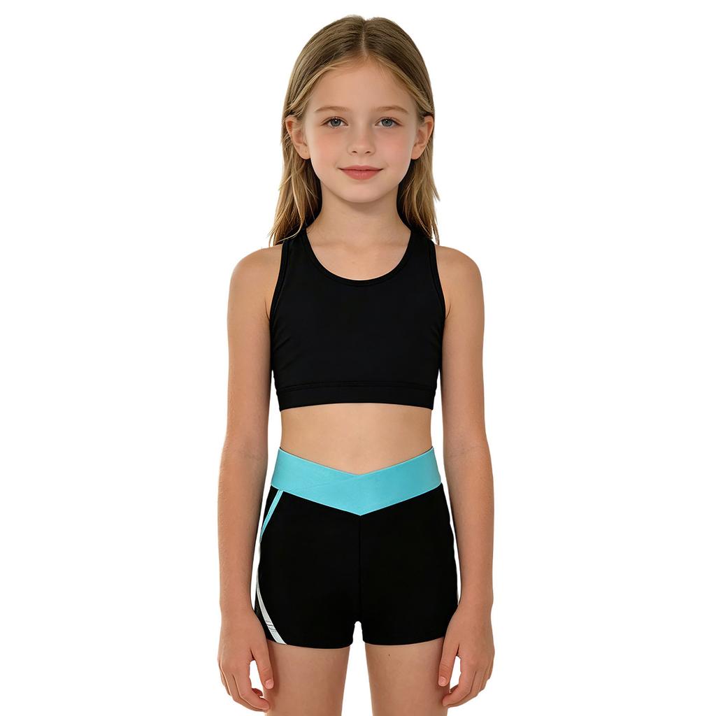 Girls U Neck Cropped Vest Cross Back Keyhole Contrast Color Pants Shorts 3Pcs Sports Set
