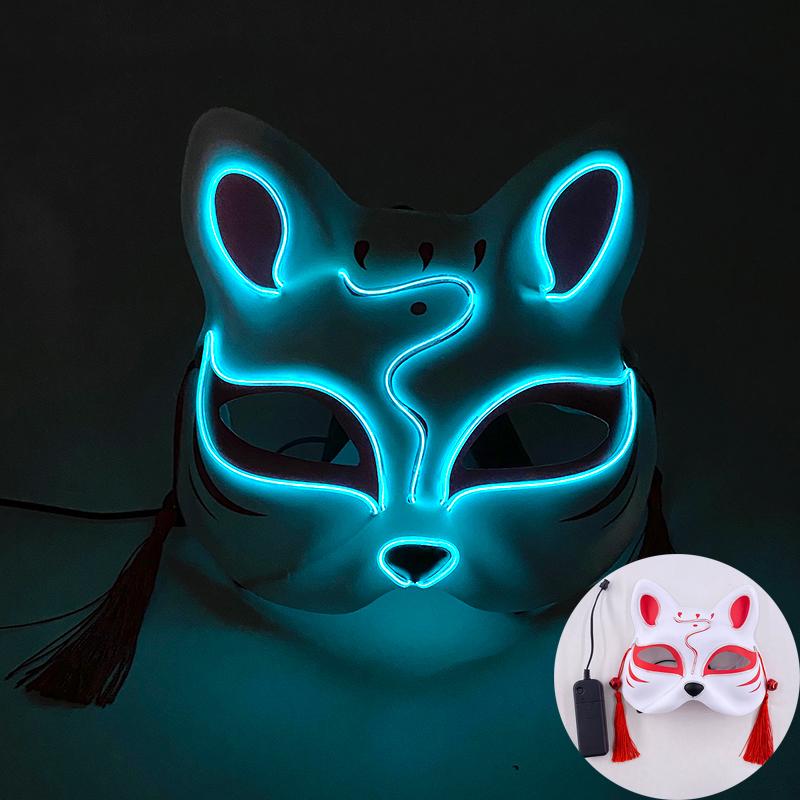 Halloween Luminous LED Mask Japanese Neon Cat Fox Face Cosplay Mask Glow In Dark Masquerade Adult Headgear Mask For Party
