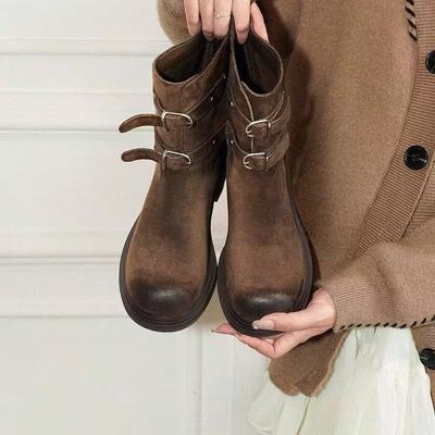 Ретро полированная круглая пряжка для ремня ботинки Мартин женские 2025 лето новые толстый каблук высокий каблук западные ковбойские ботинки короткие ботинки