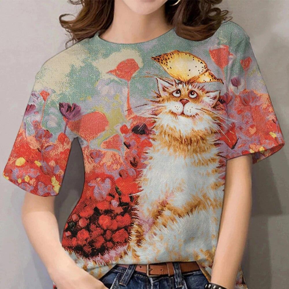 Женская летняя футболка с 3D рисунком кота Kawai, топ с коротким рукавом, модная футболка с животными, большая дизайнерская повседневная одежда