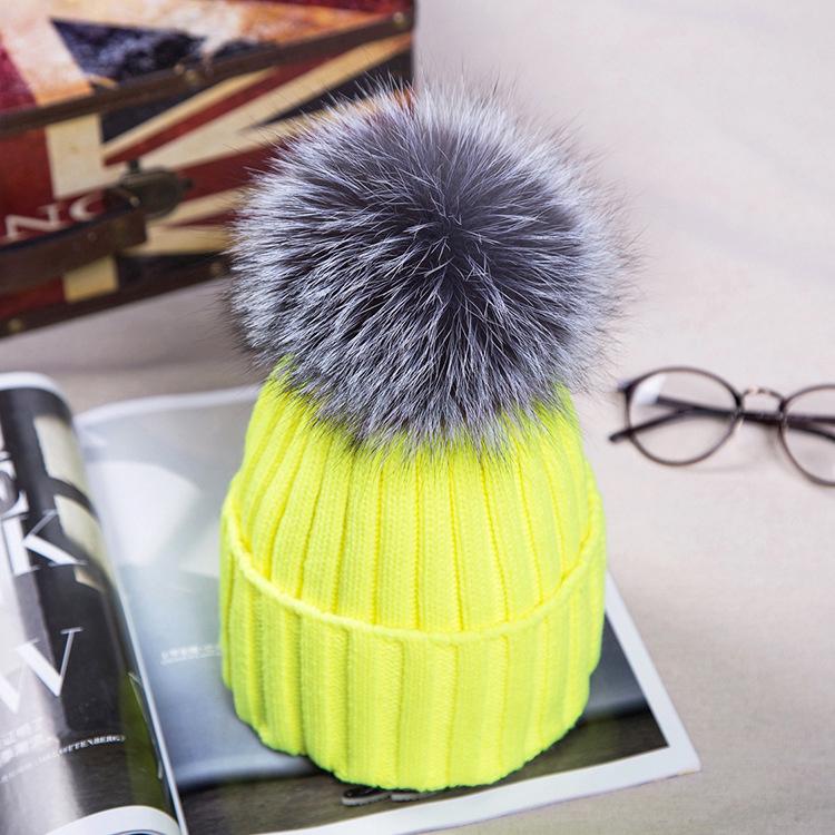 Detachable Faux Mink Silver Fox Fur Ball Cap Pom Poms Winter Hat for Women Girl 's Hat Knitted Beanies Cap