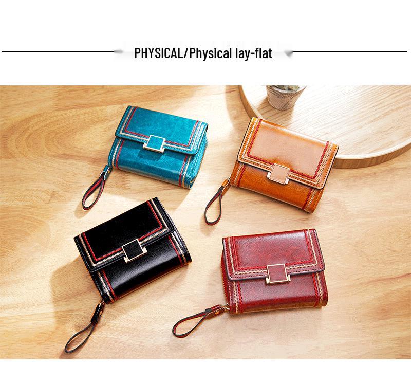 Женский ретро кошелек-гармошка из масляной вощеной кожи 2025 - Много отделений для карт, На молнии, Короткий стиль