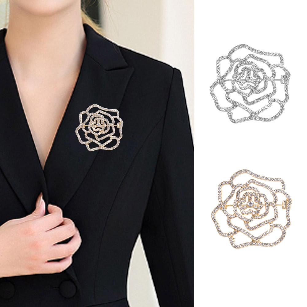 Full Rhinestone Suit Collar Pin Badge Rhinestone Brooch Fashion Hollow Camellia Brooch Women
