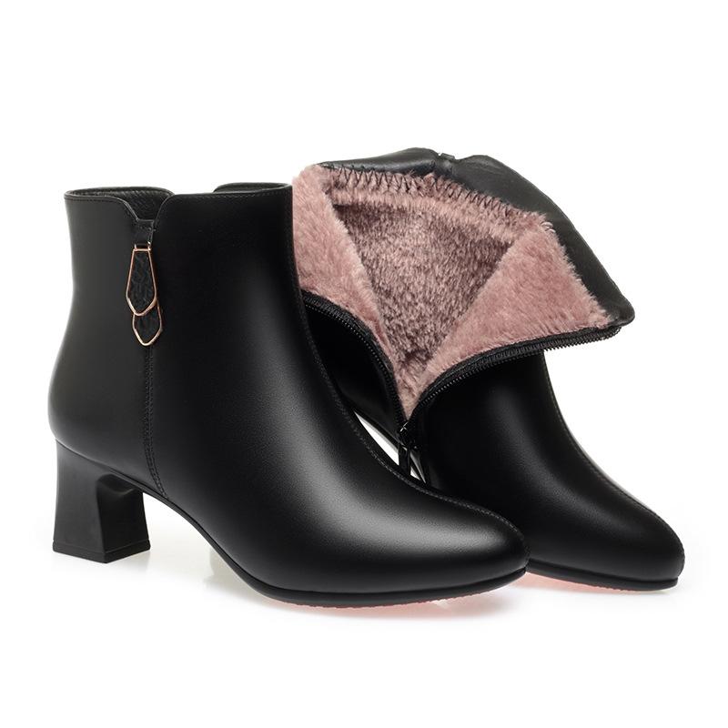 Женские ботильоны на толстом каблуке Модные ботинки на среднем каблуке Осенне-зимний стиль Кожаная обувь Плюс Бархатные ботинки