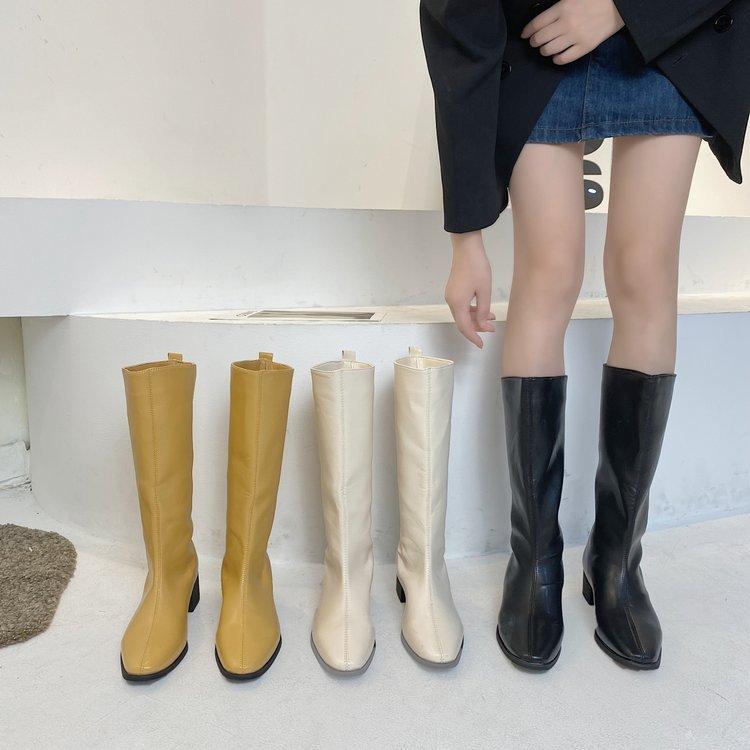 Новые модные женские сапоги на толстом каблуке с острым носком, средней высоты, сапоги для отдыха на открытом воздухе, рыцарские сапоги