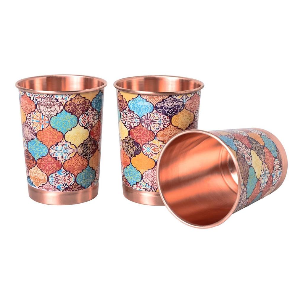 Copper Printed Design 250ML Water Glass with Rust Proof Protection for Home and Office Use Ayurveda and Yoga Health Benefits Glass Set of 6