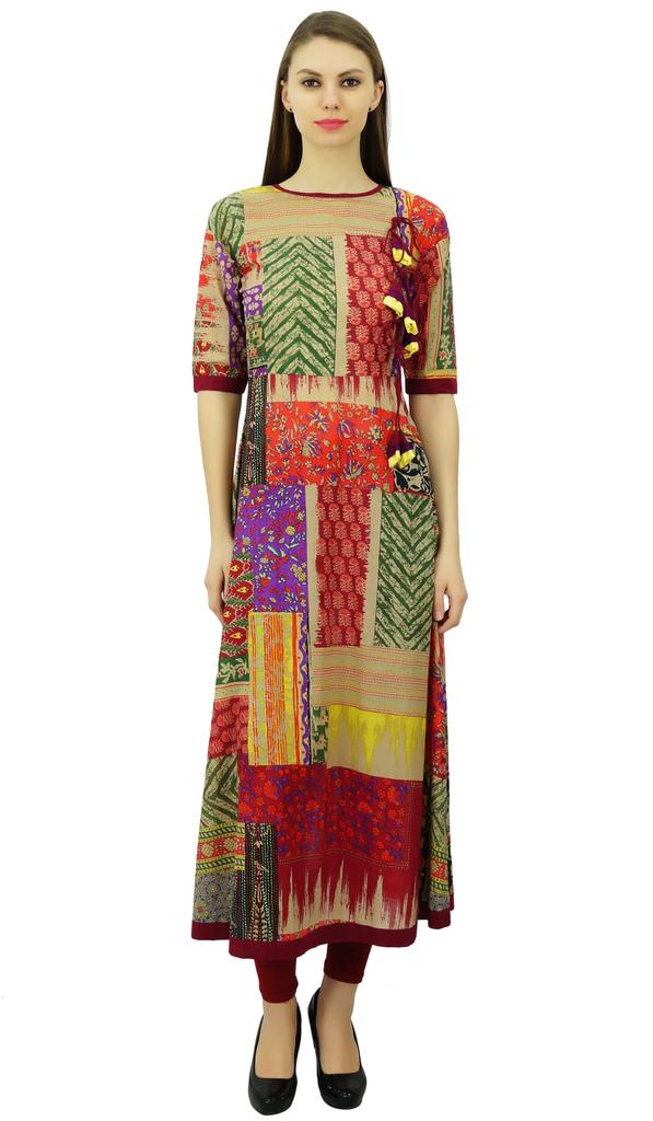 Phagun Длинное платье-трапеция из хлопка с принтом, расклешенная туника-курта