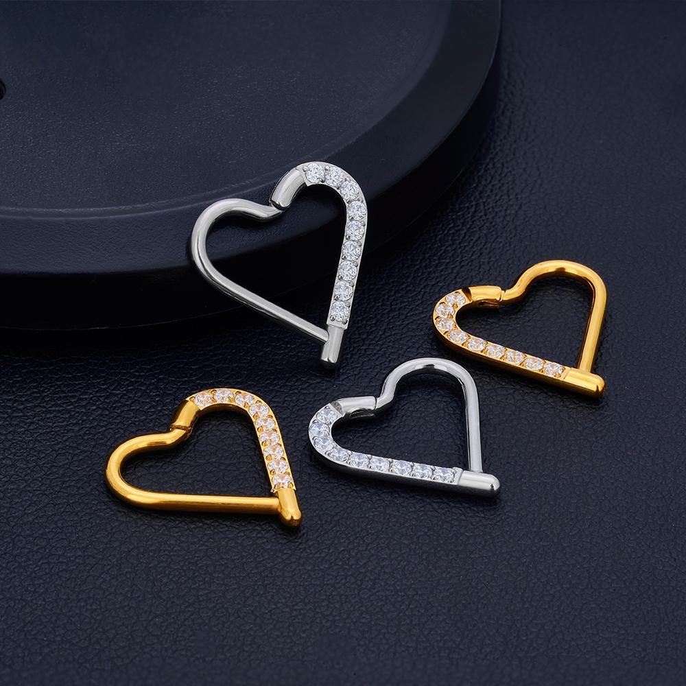 10 шт. Титановое кольцо для пирсинга Дэйт в форме сердца ASTM F136, кольцо-хуп для уха, хряща, трагуса, хеликса, на шарнирном сегменте, с прозрачным кубическим цирконием