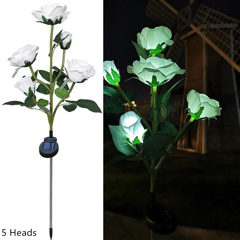 Solar Powered Rose Flower Lights, 5Head Artificial Rose Lawn Light for Valentine's Day Garden Decor, Patio, Deck, Fence lights