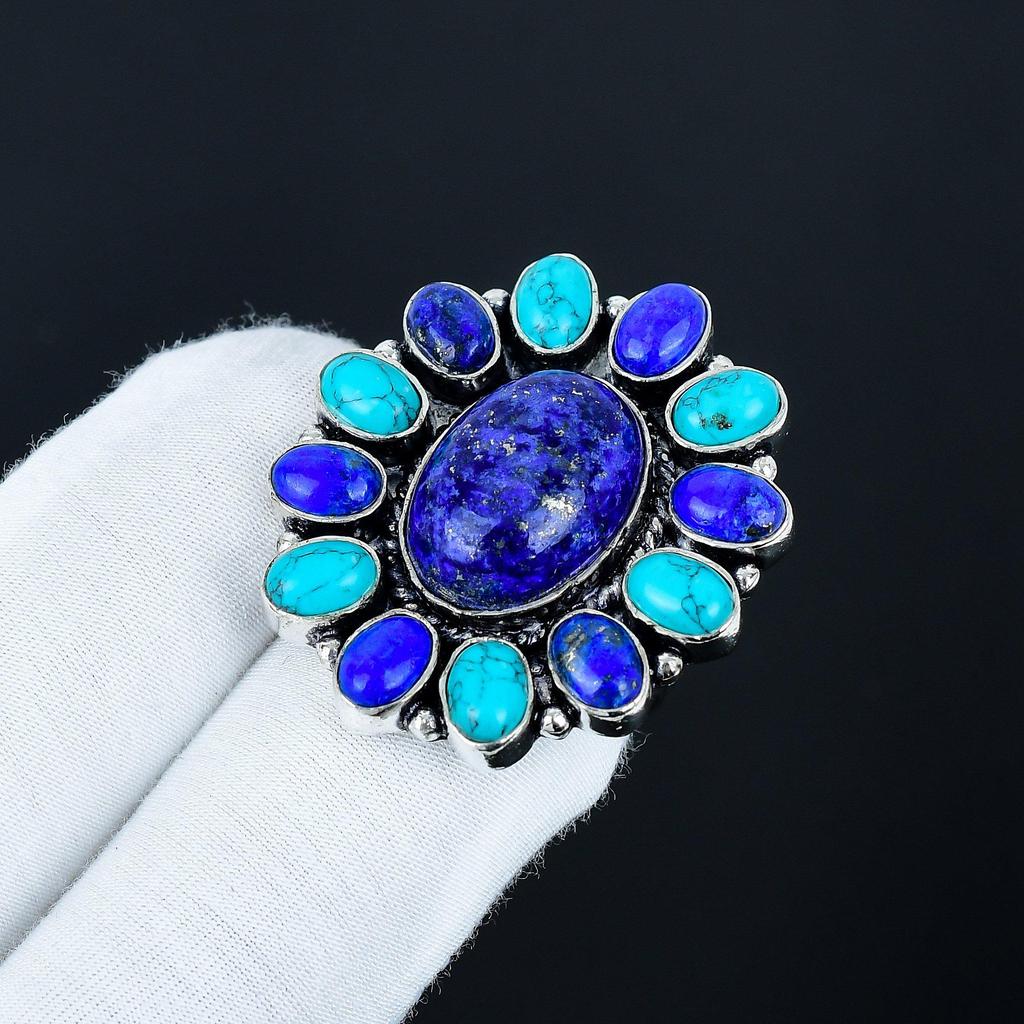 Бирюзовое, Кольцо с драгоценным камнем лазуритом, Кольцо из стерлингового серебра 925 пробы, Подарок для нее, Овальный камень, Элегантное кольцо ручной работы, Серебряное кольцо с цветком из лазурита