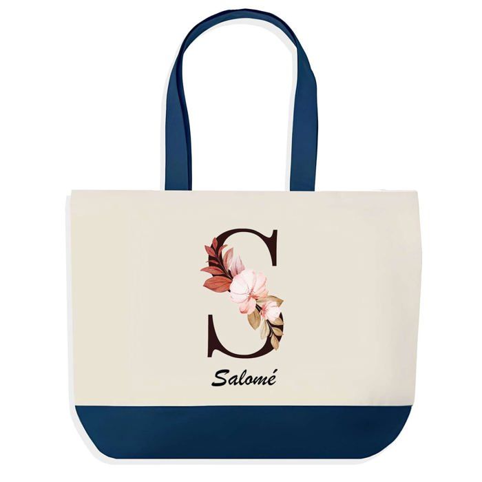 Sac cabas - PLANETEE - Salomé Lettre Fleur - Bleu - Coton - 40 x 45 cm