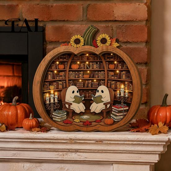 Whimsical Ghost Book Nook Halloween Wooden Tabletop Ornament, 2D Flat Cute Reading Bathing Fall Harvest Home Decoration Watering Plaque with Stand for