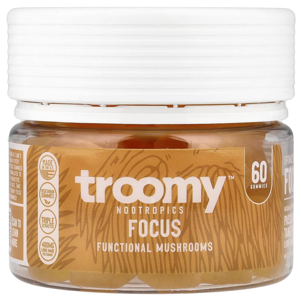 Troomy Nootropics, Focus, Functional Mushrooms Gummies, Passionfruit Tangerine, 60 Gummies