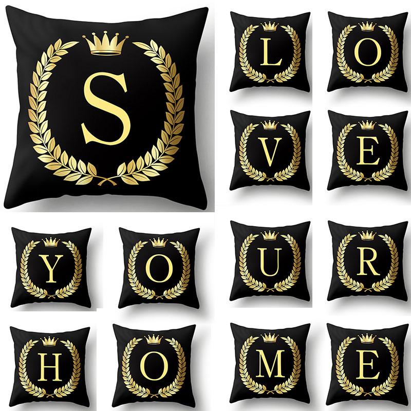 45x45cm Black Gold Letter Crown Polyester Cushion Cover Sofa Home Decor Pillowcase Decorative Cushion