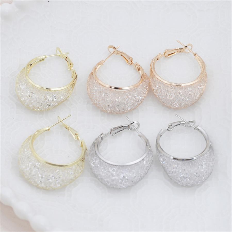 Minimalist Wire Mesh Zircon Round Hoop Earring for Women Unique Gold Color Loop Statement Party Jewelry