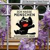 2D Flat, 1pc Vintage Aluminium Metal Sign, Outdoor Decorative Wall Sign, Retro Tin Sign Style, German Cat Humor Decor, "Ich Hasse Menschen", Home