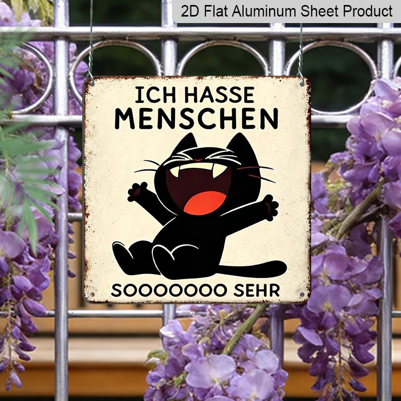 2D Flat, 1pc Vintage Aluminium Metal Sign, Outdoor Decorative Wall Sign, Retro Tin Sign Style, German Cat Humor Decor, "Ich Hasse Menschen", Home