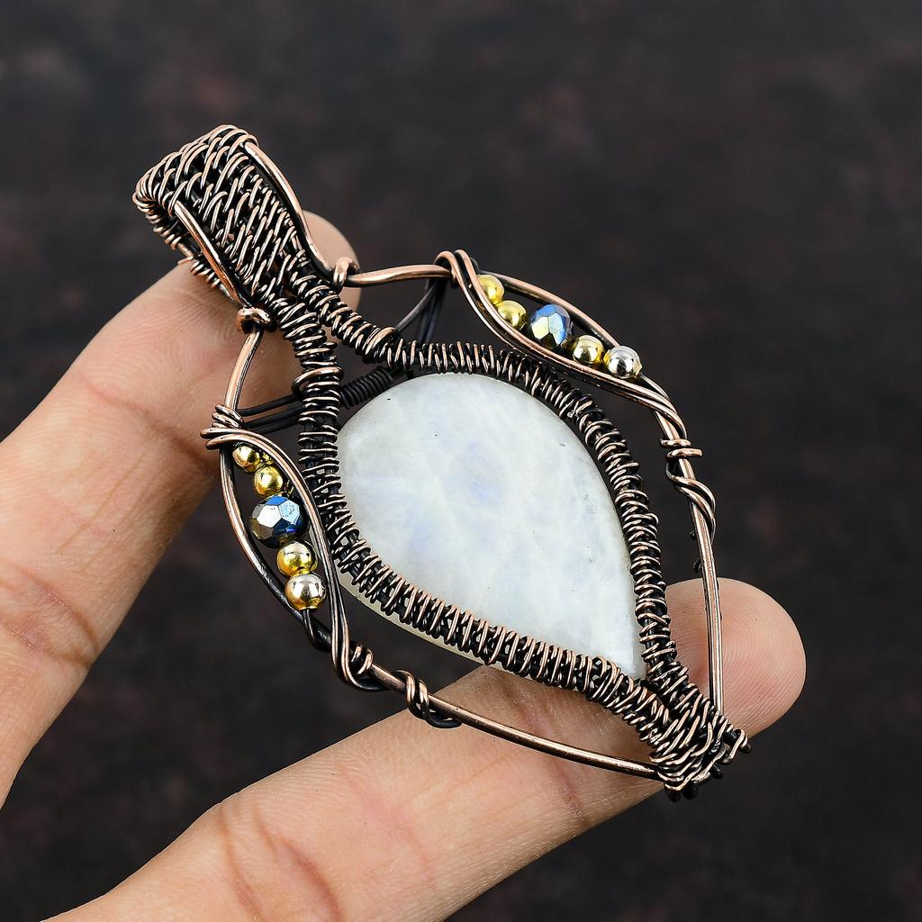 Подвеска Rainbow Moonstone, подвеска из медной проволоки, подвеска из драгоценных камней, подвеска ручной работы из титановых бусин, подвеска в подарок маме, ювелирные изделия из медной проволоки