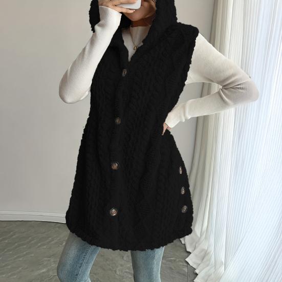 Women's Sleeveless Hoodie Coat Button Down Faux Fur Fuzzy Coat Oversized Textured Hooded Vest Fall Outerwear