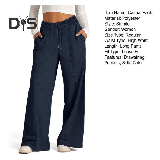 Женские повседневные брюки с эластичной резинкой и высокой талией, регулируемые на шнурке, прямые широкие брюки с карманами, однотонные длинные брюки