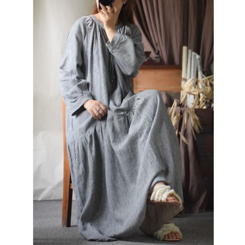 Johnature Woman Spring Devise Chinese Style Dress Long Sleeves Vintage Solid Color Dress