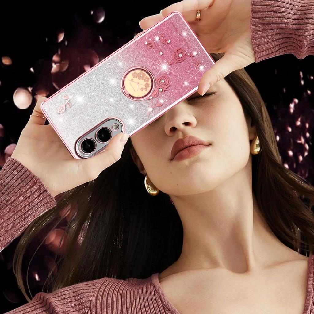 KADEM For Samsung Galaxy S25 Edge Case Ring Kickstand TPU Flowers Phone Cover Gradient Glitter