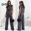 Women Fashion Two Piece Outfit Off Shoulder Irregular Top Wide Leg Pants Casual Loose Suit Breathable Wrinkle-Free Office Wear Suit Set for Various