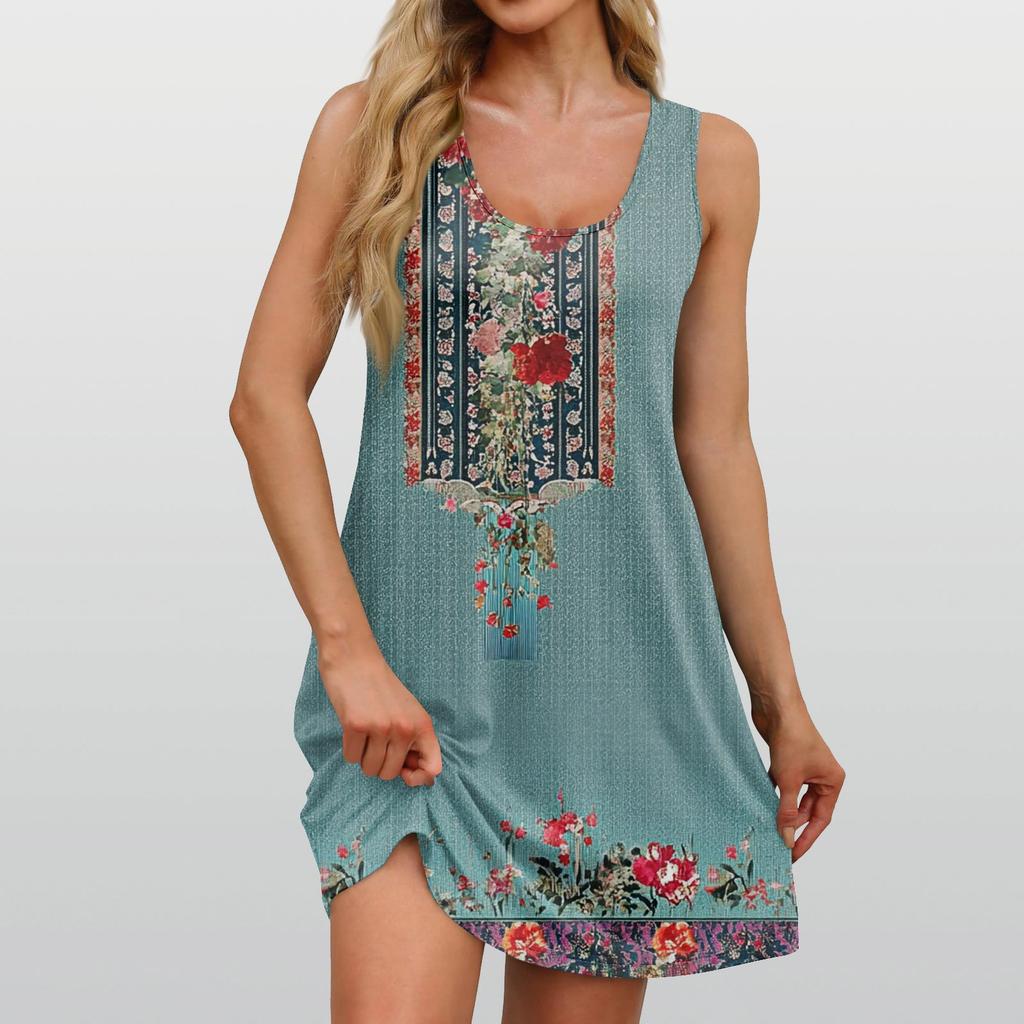 Women's Summer Casual Square Neck Floral Print Dress Sleeveless Dress With Pockets