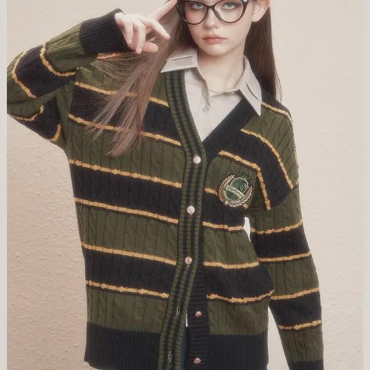 Женский кардиган-жакет Harry Potter x JK с контрастным цветным узором и переплетением нитей — стиль колледжа, свободный крой, коллекция осень/зима