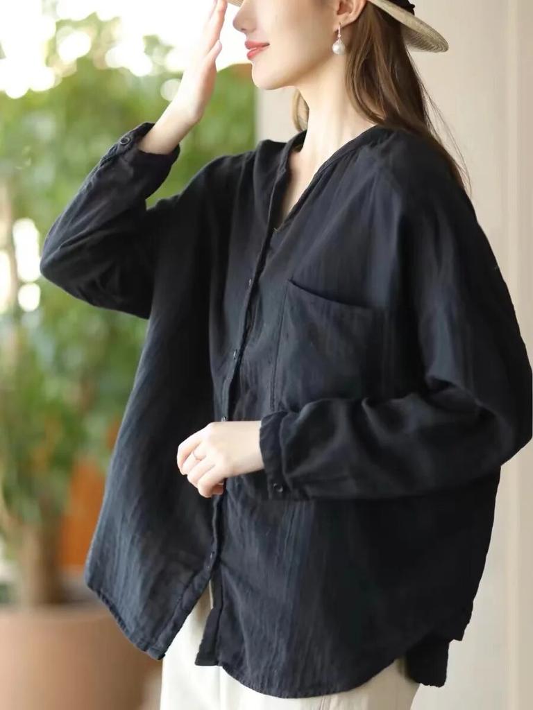 Johnature Женские винтажные двойные хлопковые рубашки с v-образным вырезом и длинными рукавами, однотонные мягкие блузки, весенние свободные рубашки