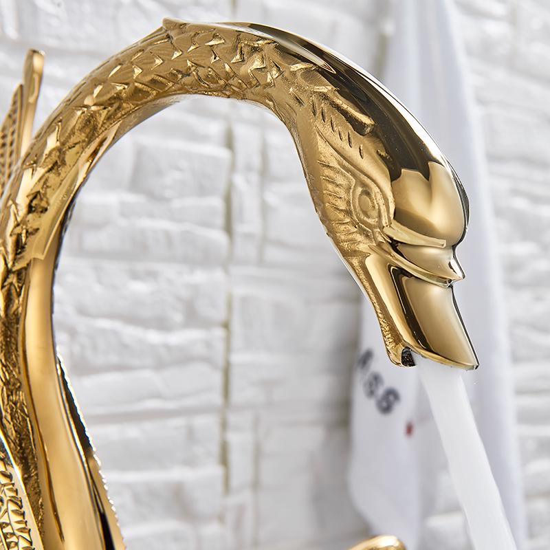 Luxury Golden Swan Basin Faucets Dual Handles Hot Cold Water Mixer Tap