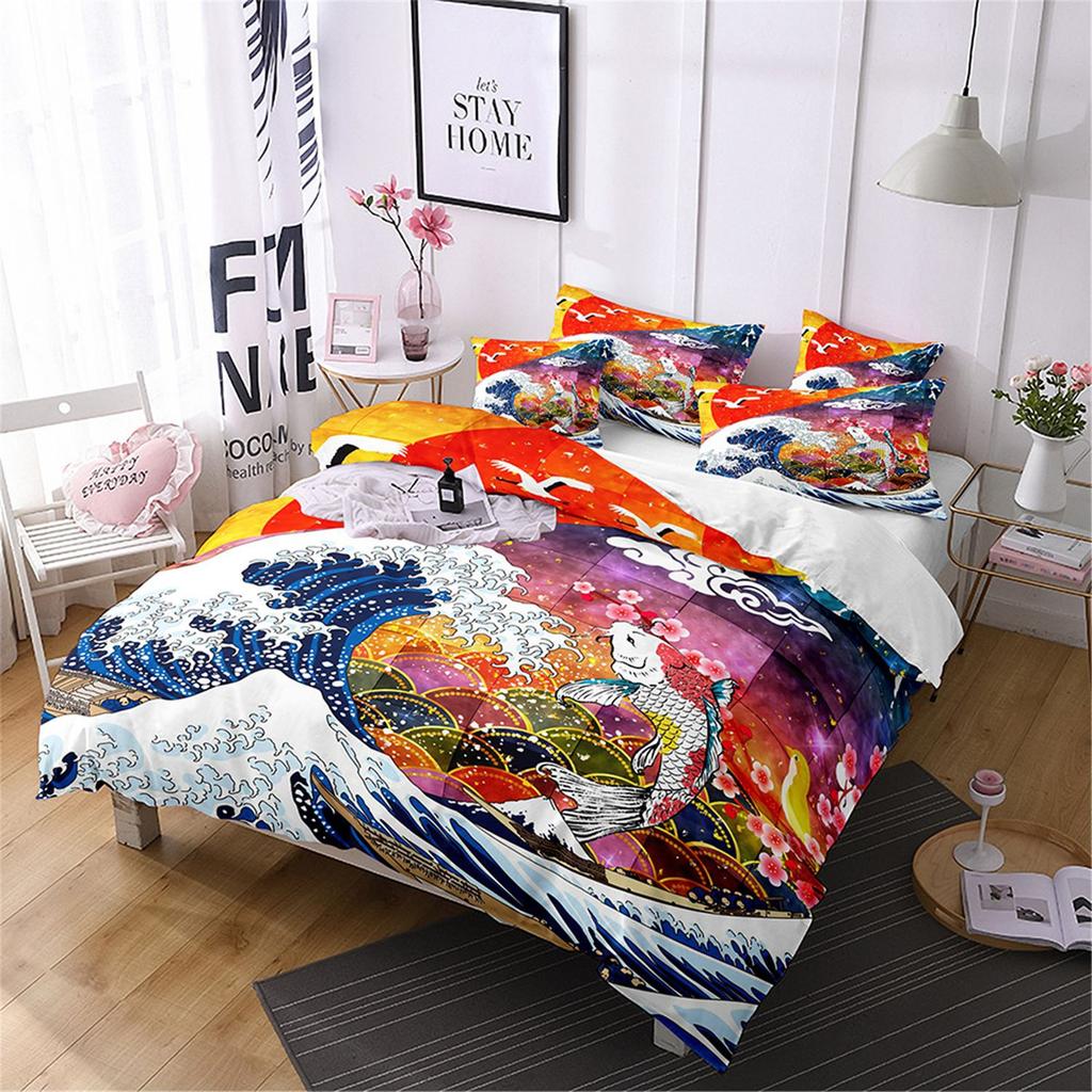 3D Three-Piece Ukiyo-E Painting Wave Flower Quilt Cover Digital Printing Bedding