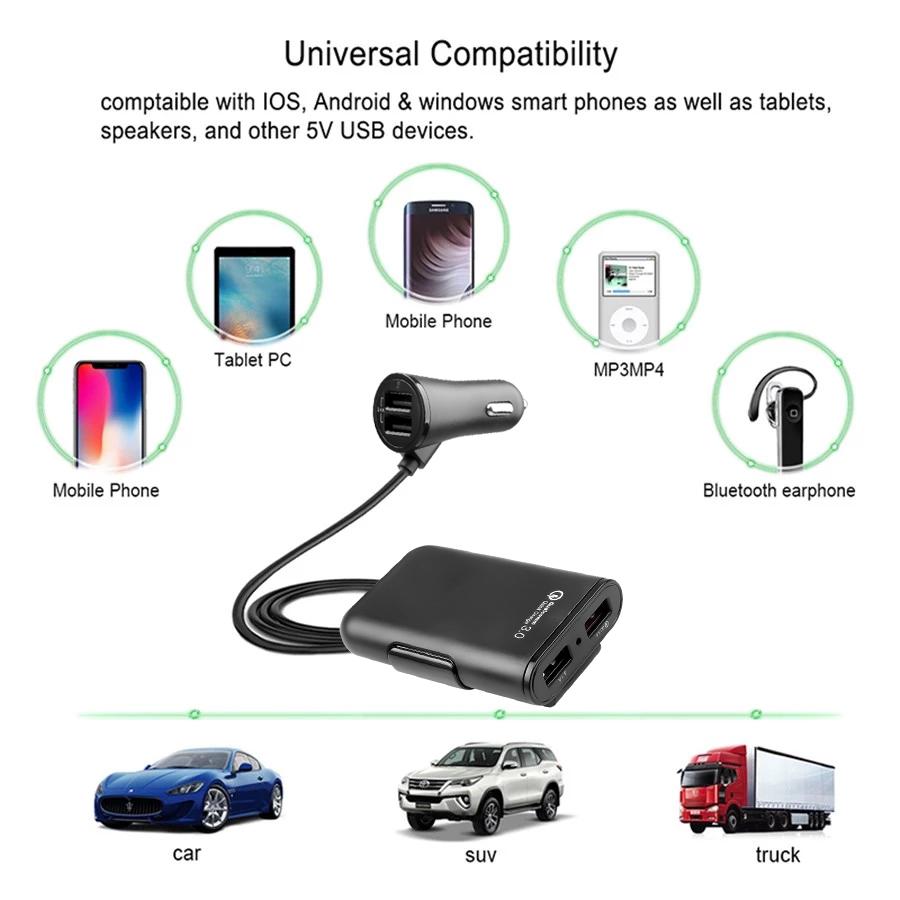 Автомобильное зарядное устройство 3.1A, быстрая зарядка, 4 порта, быстрое зарядное устройство, удлинительный кабель 5,6 фута для смартфона, планшета, адаптер питания