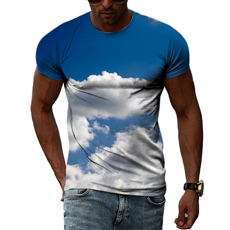 Летние мужские футболки с голубым небом и белыми облаками с 3D принтом, модные повседневные индивидуальные простые футболки с короткими рукавами и круглым вырезом, топы