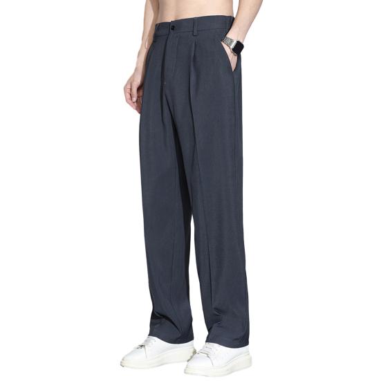 Men Ice Silk Casual Long Pants Elastic Waist Buttons Fly Pockets Straight Wide Leg Draped Thin Business Trousers