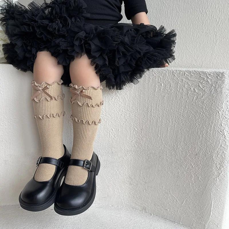 1 пара шикарных осенних носков для девочек из телячьей шерсти, корейские модные носки с оборками и бантом для детей, мягкие хлопковые школьные носки, одежда, аксессуары