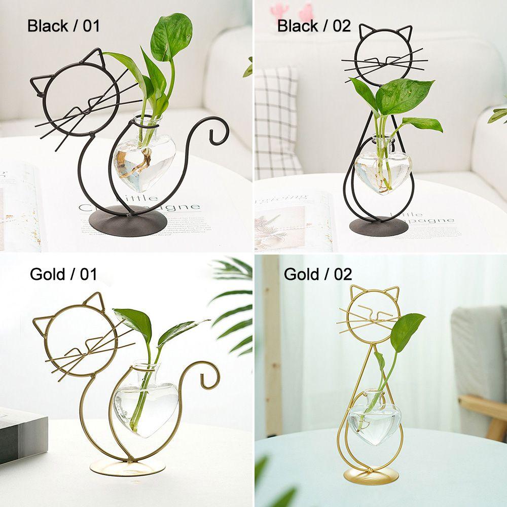 Simple Cat Iron Art Hydroponic Plant Vase Clear Glass Vase Plant Flower Pot Flower Arrangement