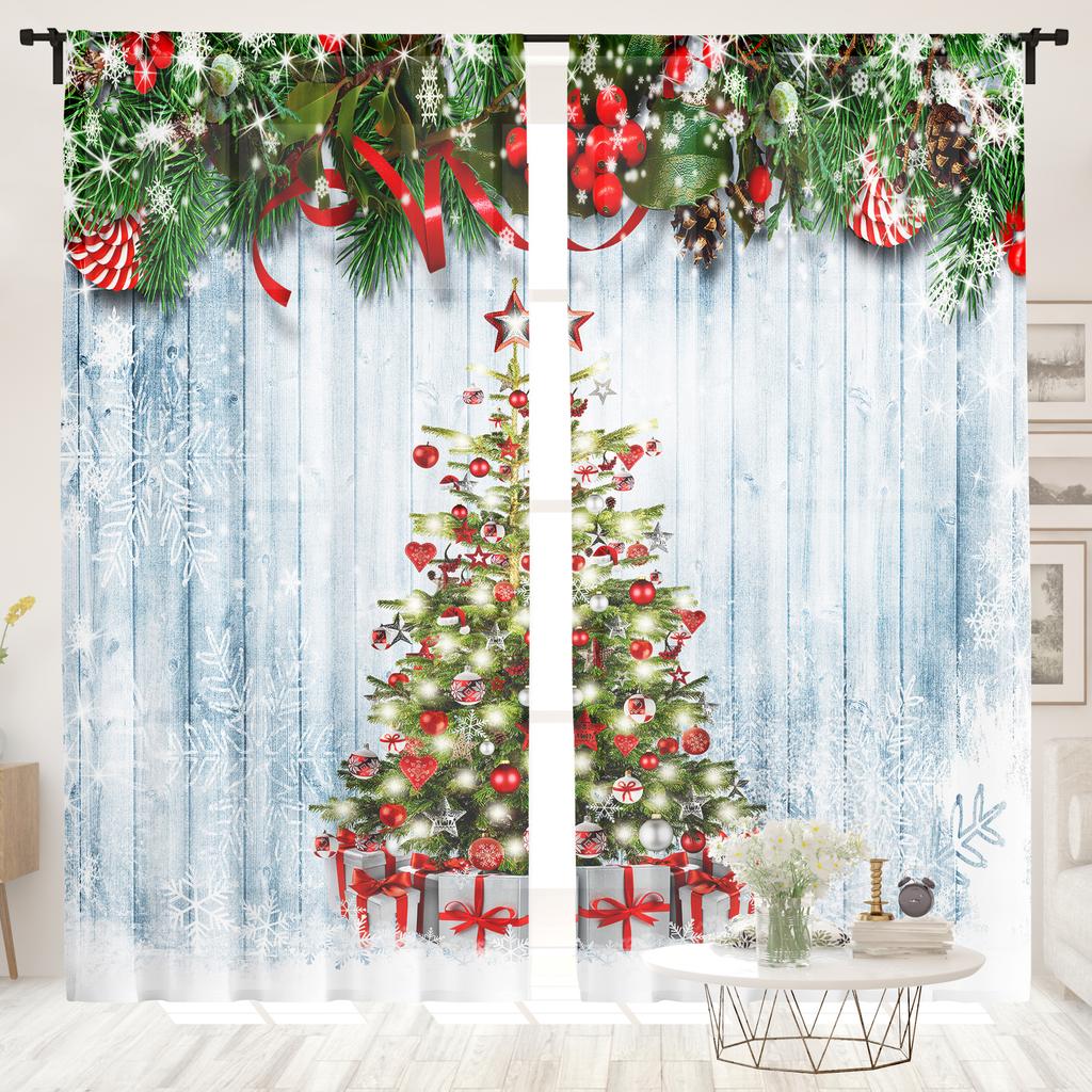 2 Pieces, Christmas Tree Snowflake Wooden Background Curtains -30% Blackout - Suitable for Living Room, Bedroom, Home Decoration