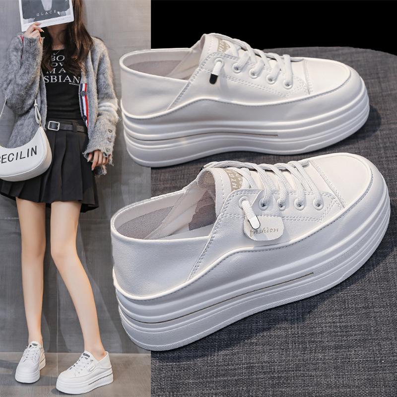 Leather Inner Height Increase White Shoes Women's Spring New Thick-soled Two Wear Board Shoes and One Pedal Sports and Leisure Single Shoes